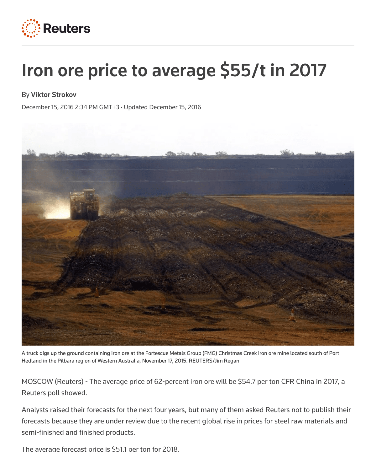 Thomson Reuters: Iron ore price to average $55/t in 2017
